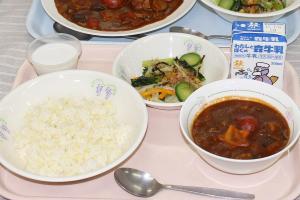 お盆の上にお皿に盛られた黄金ライスと深い器に入った夏野菜たっぷりのハヤシが並びサラダが彩を添えた給食の写真